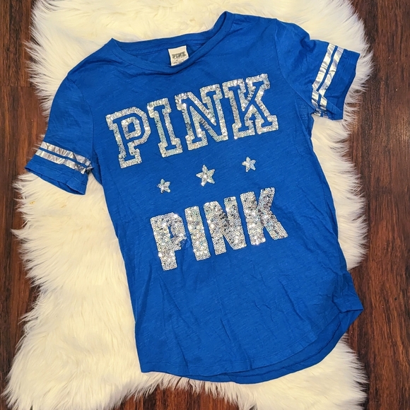 PINK Victoria's Secret Tops - PINK Victoria's Secret Blue Sequin Bling T-shirt
